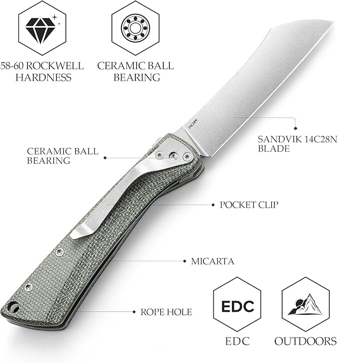 Higonokami Folding Pocket Knife for Menï¼?.3" 14C28N Stonewash Camping EDC Knives with Clip Micarta Handle，Norma-04G