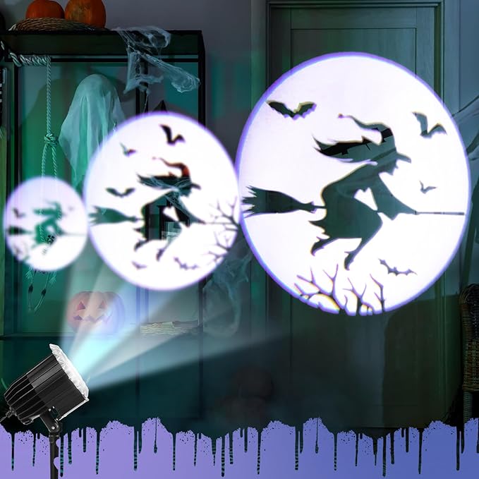 Halloween Projector Light with 1 Film Slides Holiday LED Projector Lights Outdoor Reflectors Waterproof Landscape Decorative Rotation Lighting Movement Projection Lamp(Witch)