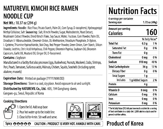 KFOOD Korean Food NATUREVIL Spicy Kimchi Cup Rice Noodle Instant Noodle Bowls, Kimchi Flavor Broth with Rice Noodles, Gluten-free, NON-GMO, No artifical additives 1.69oz (6 Pack, 10.16oz)