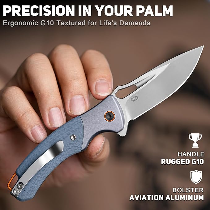 NedFoss Heron EDC Pocket Knife, 2.95" Japanese VG10 Steel Blade Button Lock Knife with Lightweight Blue G10 Handle w/Aluminum Bolster, Utility Folding Knife for Camping, Hunting, Survival Use