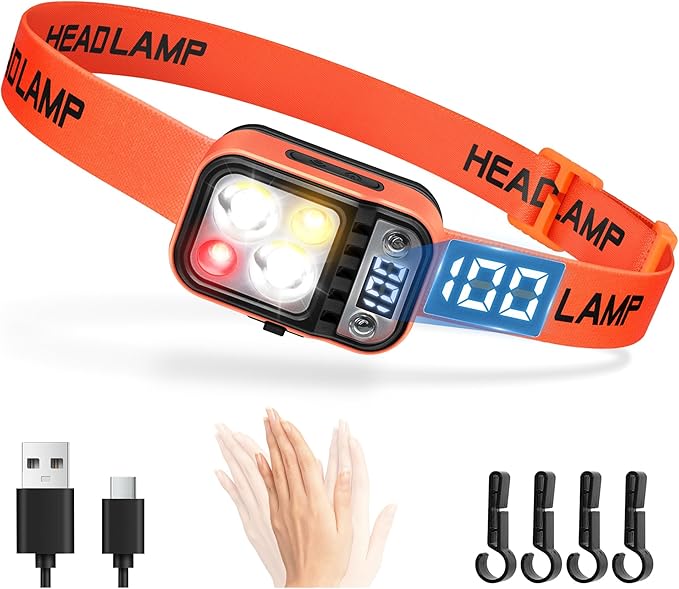 DARKBEAM LED Headlamp High Lumens USB Rechargeable Dual Light Headlight for Hardhat with Motion Sensor, Digital Power Display, Up/Down Adjustable, Waterproof Head Lamps for Camping, Car Maintenance