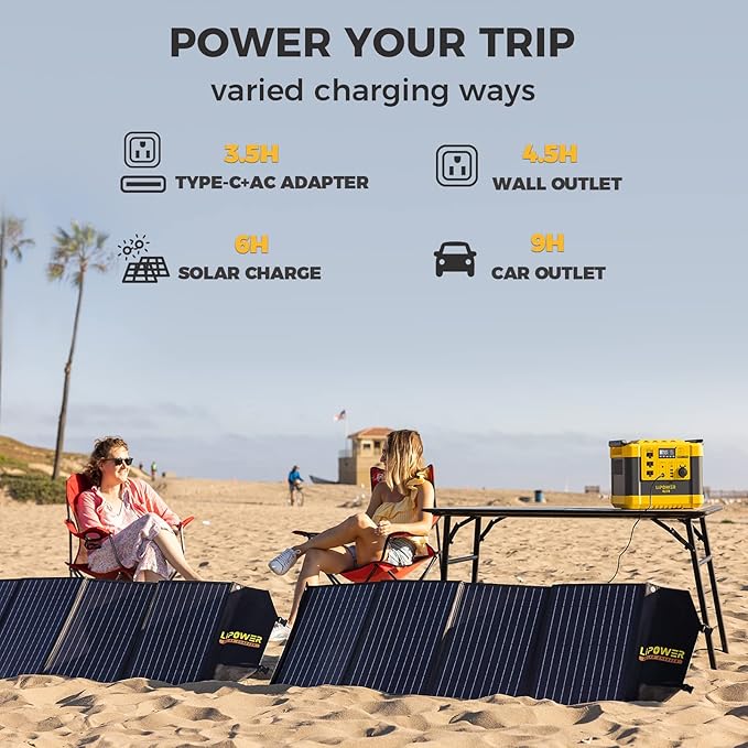 Lipower Solar Generator, 1120Wh Power Station 3 * 1000W AC Outlets(2000W peak), 60W USB-C Output, Generator for Camping, CPAP, Home Backup-Yellow
