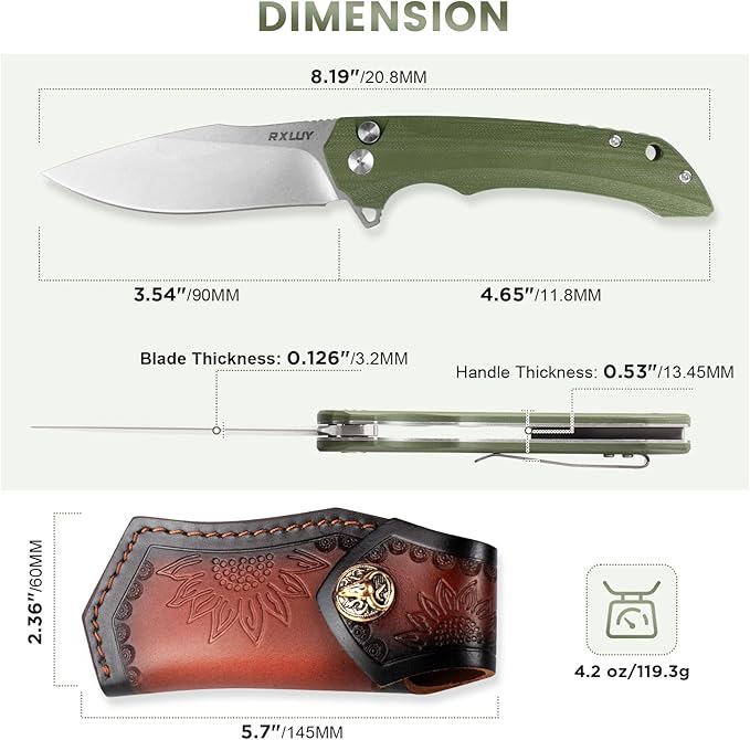Folding Pocket Knife with Leather Sheath, 3.47" N690Co Premium Steel Blade G10 Handle Knives, EDC Small Folding Knife for Men Women, Outdoor Survival Camping Hiking Knife (Green)