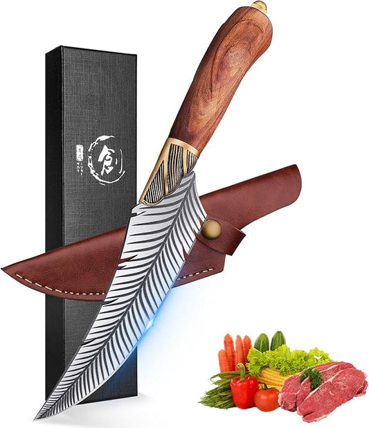 ROCOCO Feather Viking Boning Knife Japanese Forged in Fire Fancy Handmade Butcher Cleaver with Sheath Kitchen Outdoor Camping BBQ Collection Birthday Father Mother Christmas Day Gift 5.9"
