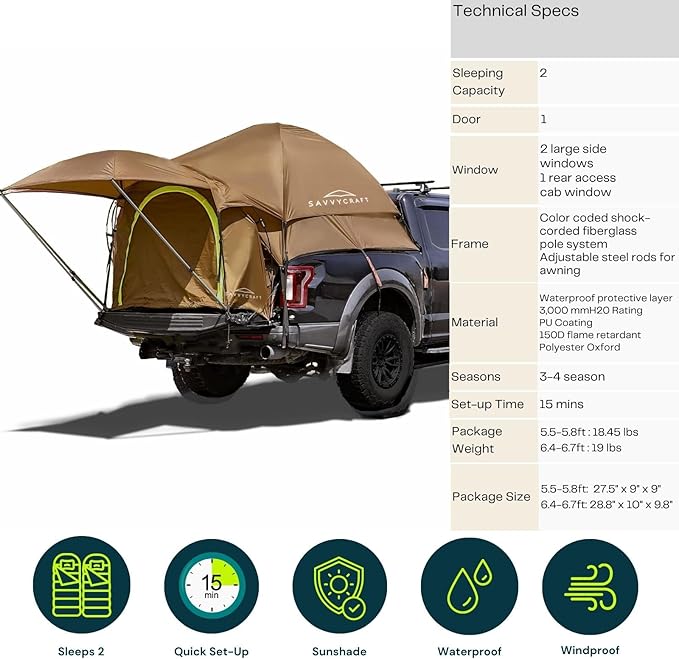 Savvycraft Pickup Truck Tent for Full Size and Mid Size Truck Short Bed and Long Bed, Waterproof P3000mm 2-Person Double Layer Truck Bed Camping Tent, Expandable Awning, Rainfly, Storage Bag Included