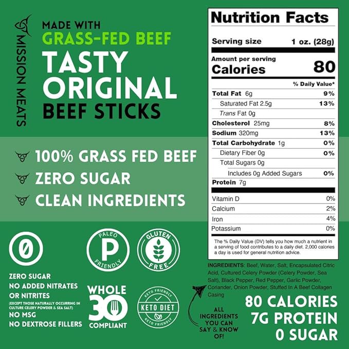 Mission Meats Beef Sticks – 100% Grass Fed & Pasture Raised, Sugar Free, Individually Wrapped Healthy Snacks, Whole 30 & Paleo Friendly, Original 1oz (Pack of 12)