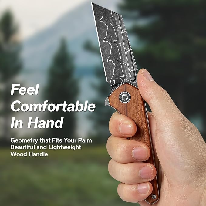 CIVIVI Pocket Knife for Men, ExOne Folding Knife with Flipper, 2.94" Damascus Blade Wood Handle for Perfect EDC Gift C23036-DS1