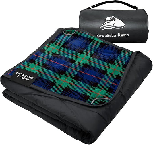 Outdoor Waterproof Blanket, Foldable Fleece Stadium Blanket for Outdoor Sports Event, Camping, Car, Pet, Picnics - Windproof, Wearable, Machine Washable 80" x 58" (Green Check)