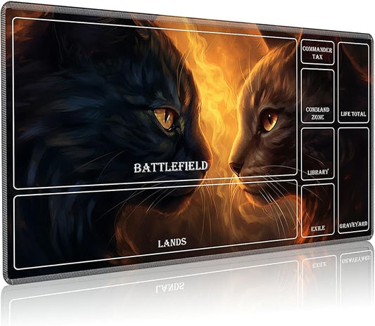 Playmat for MTG with Magic Zones, 24 x 14 inches Game Play Mat for MTG TCG, Trading Card Game Play Mat Desk Mats with Stitched Edges Non-Slip Base, Two Black Cats Facing