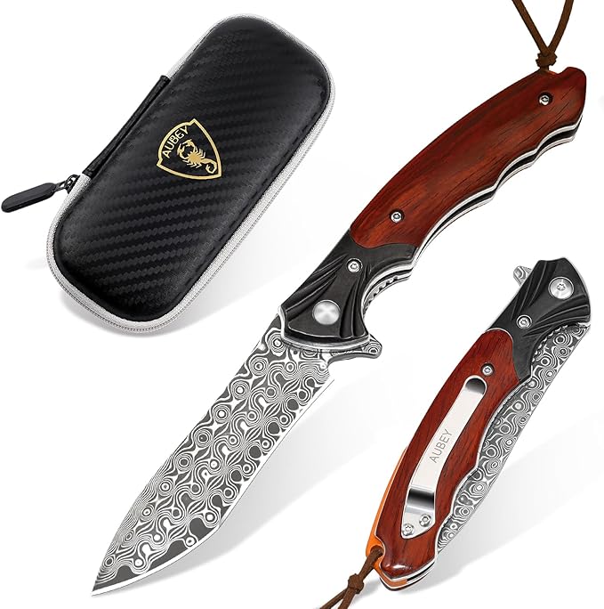 AUBEY Damascus Pocket Knife, Folding Knife with 3.43" Blade, Wooden Handle, Clip, EDC Knife for Outdoor, Hiking, Hunting, Gift/Collection for Men Women
