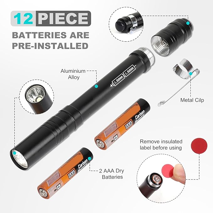 FASTPRO 6-Pack Pen Light, Aluminum LED Penlights with Batteries Included & Pre-Installed, Pocket Pen Flashlight for Inspections, Repairs, Camping and Emergencies