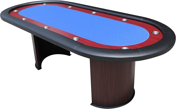 Poker Table 96 inches for 10 Players Casino Game with Wooden Texture Racetrack Luna Legs Cup Holders Blue Speed Cloth