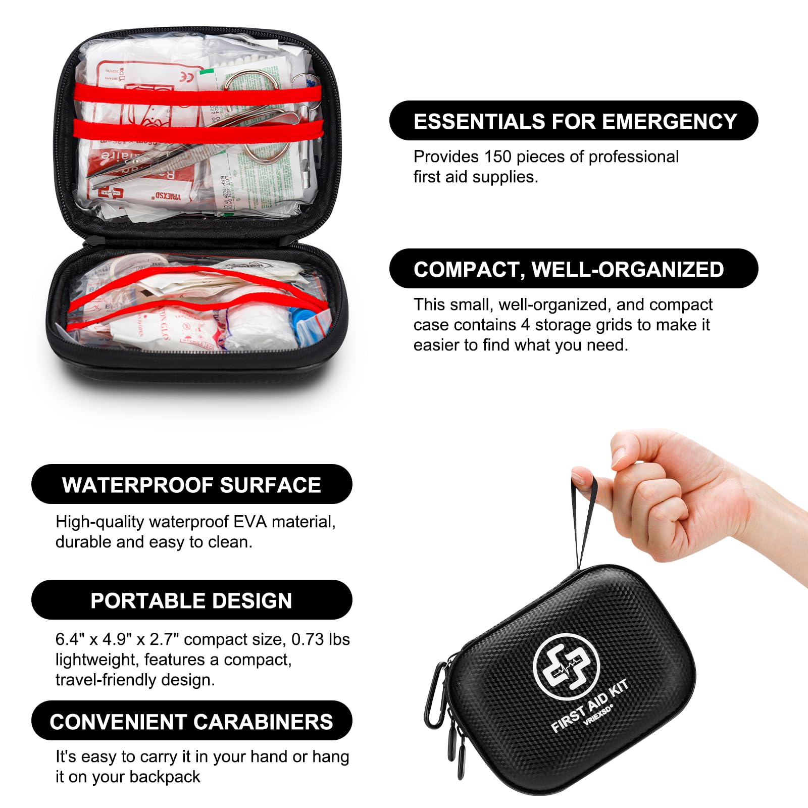 Mini First Aid Kit - 150 Piece Small Waterproof Hard Shell Medical Kit