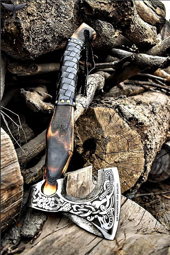 Custom Gift Forged Carbon Steel Viking Axe with Rose Wood Shaft, Viking Bearded Camping Axe & Hatchet, Best Birthday Gift for Him, 18 Inches (Medieval Axe)
