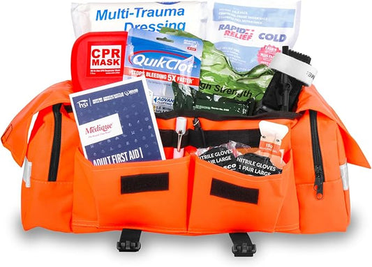 MFASCO Professional First Responder Kit - Emergency First Aid Bleeding Kit Combo, Includes Tourniquet & Clotting Bandage, Orange EMT Bag, Adjustable Shoulder Straps, 275+ Pieces, 13 x 9 x 6 Inches
