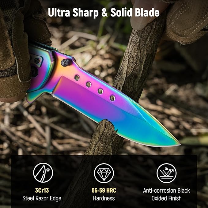 Pocket Knife for Men - 3.46" Sharp Blade Wood Handle Pocket Folding Knives with Clip, Glass Breaker - EDC Knives for Survival Camping Fishing Hiking Hunting Women, Rainbow