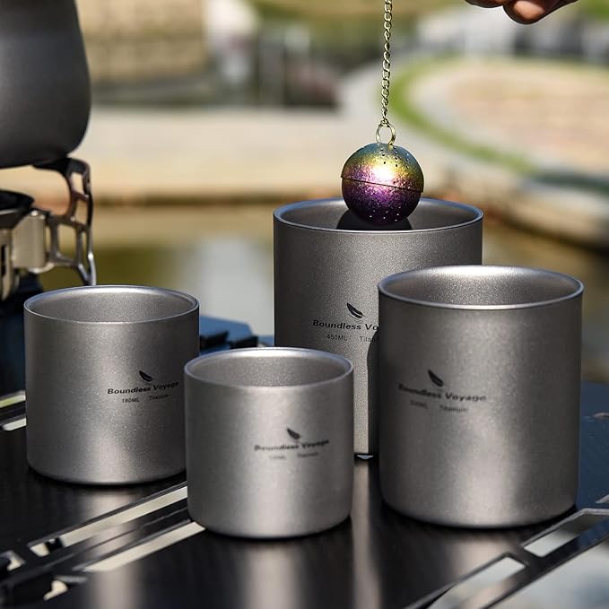 Boundless Voyage 3 in 1 Double Walled Titanium Cup Heat Resistant Mini Tea Drink Cup Outdoor Camping Mug Coffee Cups Camping Accessories (Ti3030D 450ml)