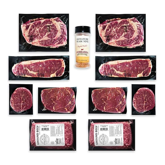 Aged Angus Filet Mignon, Top Sirloin, NY Strip, Ribeye, and Premium Ground Beef by Nebraska Star Beef - Prestige - Hand Cut and Trimmed - Steak Gift Package, Includes Signature Seasoning