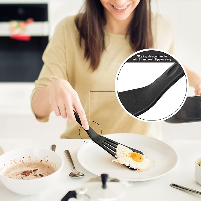 HOTEC 600??Heat Resistant Silicone Slotted Fish Turner Spatula Set, BPA Free Flipper Cooking Spatulas, for Non Stick Cookware Dishwasher Safe, Black