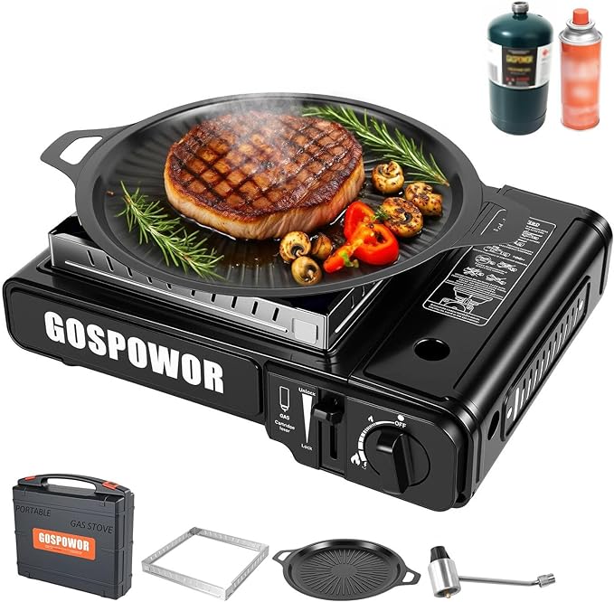Propane or Butane Stove with Windblocker, Dual Fuel 10,000 BTU Propane Stove for Camping, Automatic Ignition,Gas Portable Stove with Adapter Hose Carrying Case & Griddle for Hiking (Fuel Not Included)