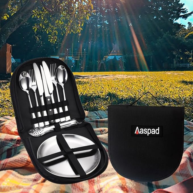 Picnic Cutlery Kit with Portable Case Camping Essentials Silverware Set Travel Utensils Outdoor Tableware Stainless Steel Flatware with Forks,Spoons,Serrated Knife,Food Clip,Plates (Black)