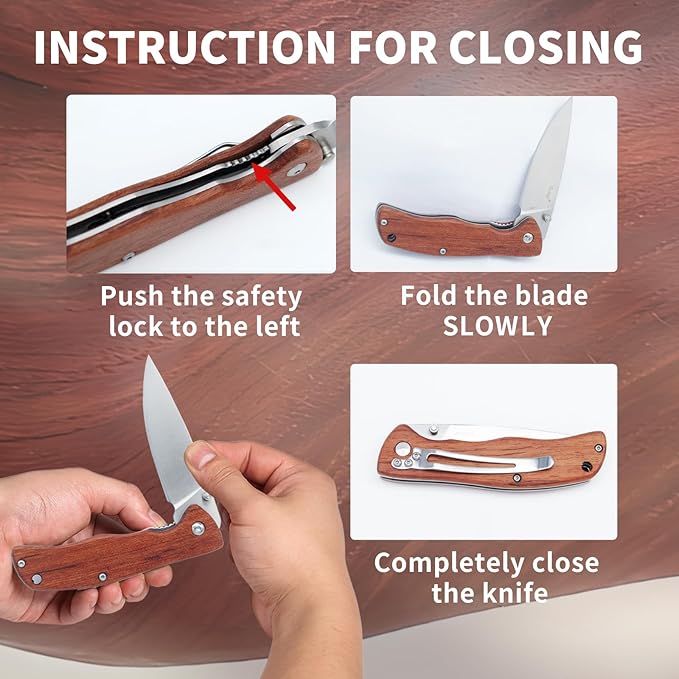 Vickay Pocket Knife for Men, Folding Knife with Clip, 3.74" 8Cr13MoV Steel Blade, Wood Handle EDC Knife for Outdoor Capmping, Tactical, Hunting and Fishing Gift