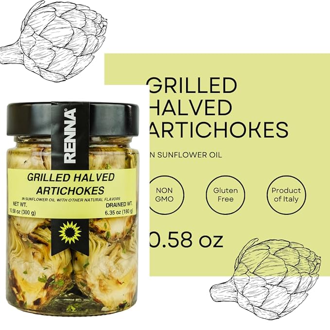 Renna, Grilled Roasted Halved Artichokes preserved in oil, 10.58 oz, Heart, Mediterranean flavor, Specialty Imported Food, Product of Italy