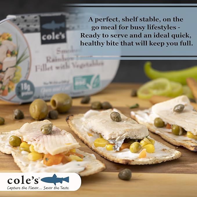 COLE’S - Smoked Rainbow Trout Fillet with Vegetables | Ready to Eat Meal | 5.6 oz Hand-Packed Canned Fish | 18g Protein | High in Vitamin D | 24 pack