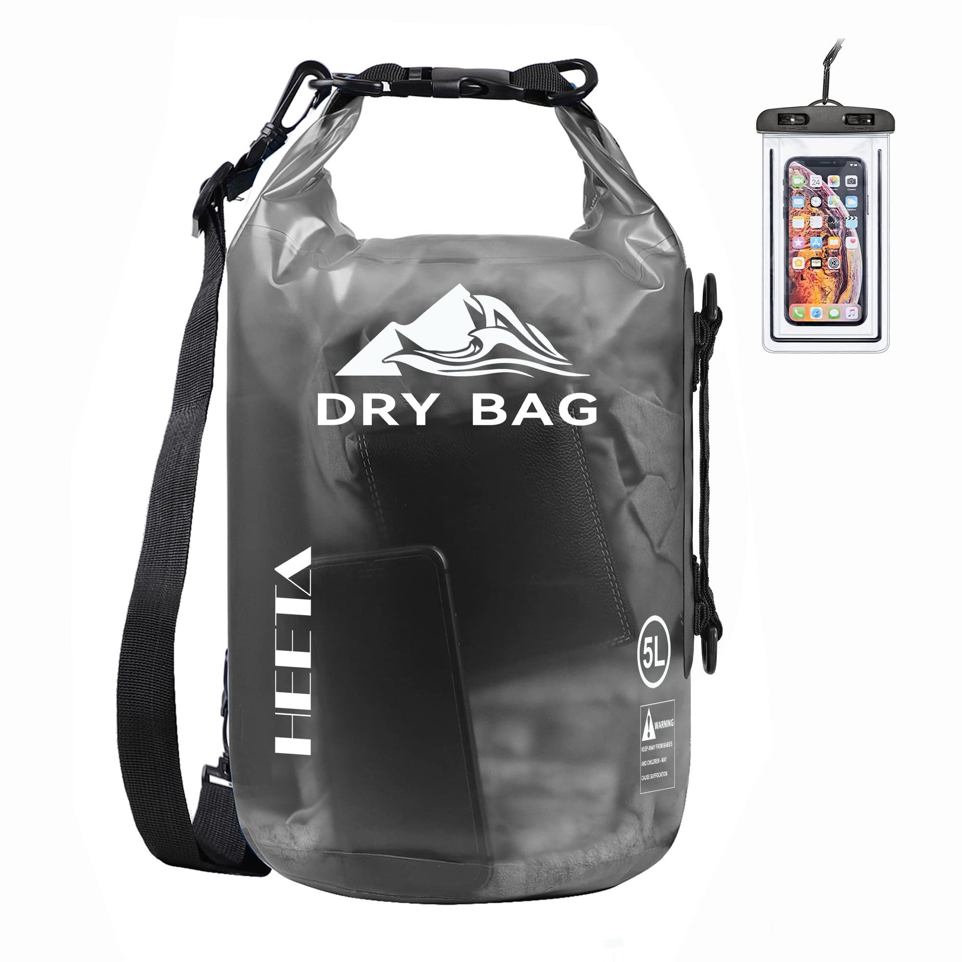 HEETA Dry Bag Waterproof Backpack with Phone Case (Transparent Black, 5L)