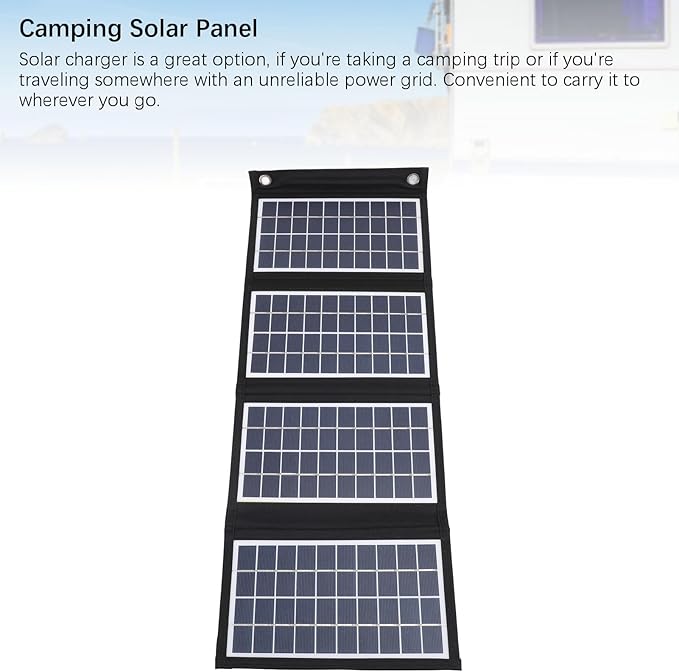 Portable Solar Panel, 30W 5V Foldable Solar Panel Charger with Dual USB Outputs, 4 Fold Water Proof Solar Panel with 2 Hooks, for Outdoor Camping Trip