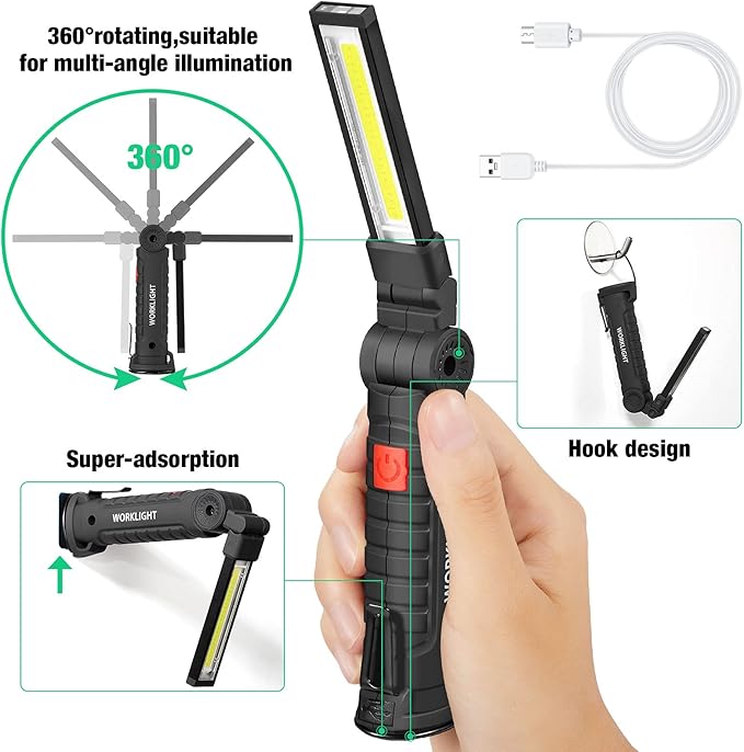 Honoson 4 Pieces LED Work Light Cob Rechargeable Work Flashlight with Magnetic Base, Hanging Hook and 360° Rotate 5 Modes Portable LED Flashlight for Car Repair, Household and Outdoor(Large)