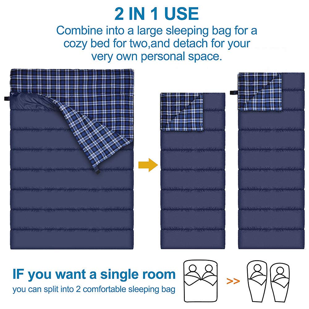 AGEMORE Cotton Flannel Double Sleeping Bag for Camping, Backpacking Or Hiking. Queen Size 2 Person