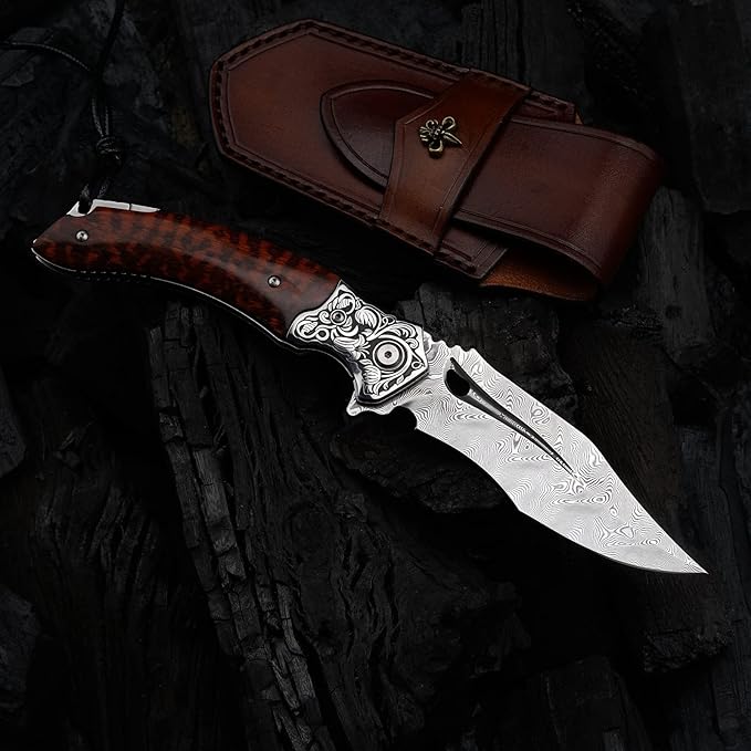 Japanese VG 10 Damascus Steel Folding Knife, Outdoor Wilderness Survival Pocket Knife, Snake Wood Handle Lined Lock, Leather Sheath, EDC Pocket Knife
