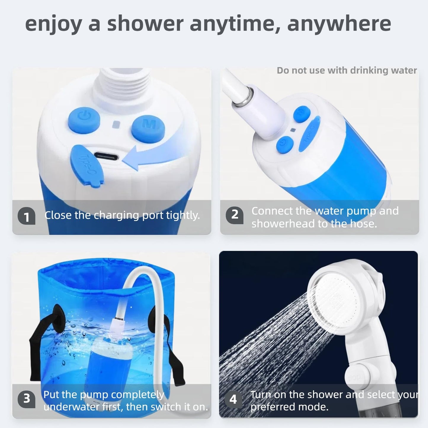 Portable Shower for Camping, Rechargeable Portable Camping Shower Pump with USB-C, Camp Shower with