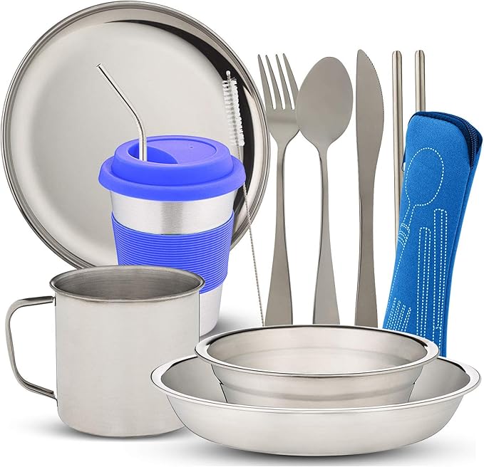 10-Piece Camping Dish Set - Stainless Steel Camp Mess Kit with Mesh Bag for Camping, Backpacking, Hiking - Complete Camping Dinnerware Set with Cup, Plate, Bowl, and Cutlery (with Zipper Cutlery Bag)