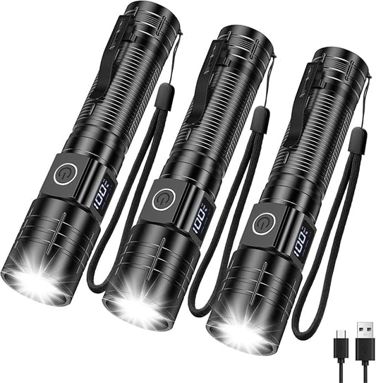 AdamStar Flashlights High Lumens Rechargeable Super Bright LED Flashlight with Dimmable, Zoomable Beam Tactical Flash Lights Small Powerful (3-Pack)