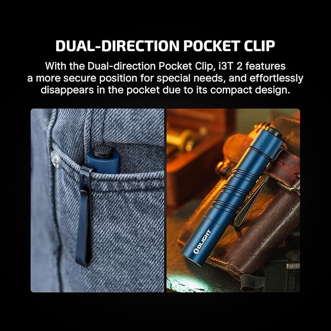 OLIGHT I3T 2 EOS Pocket EDC Flashlight, 200 Lumens Compact Bright Handheld Flash Lights, Dual-Output Tail Switch with AAA Battery and Two-Way Pocket Clip for Camping and Hiking (Midnight Blue)