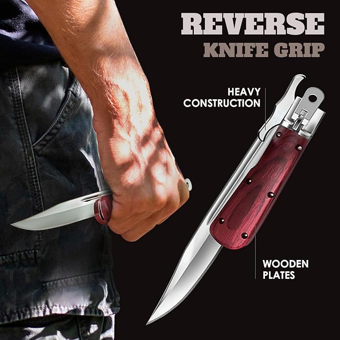 Grand Way 12.2" Retro Folding Knife with Wood Handle & Leather Sheath - 7.8" Long Foldable Sharp Blade - Large Pocket Knife for Men Camping Hunting Survival Work 12 KG