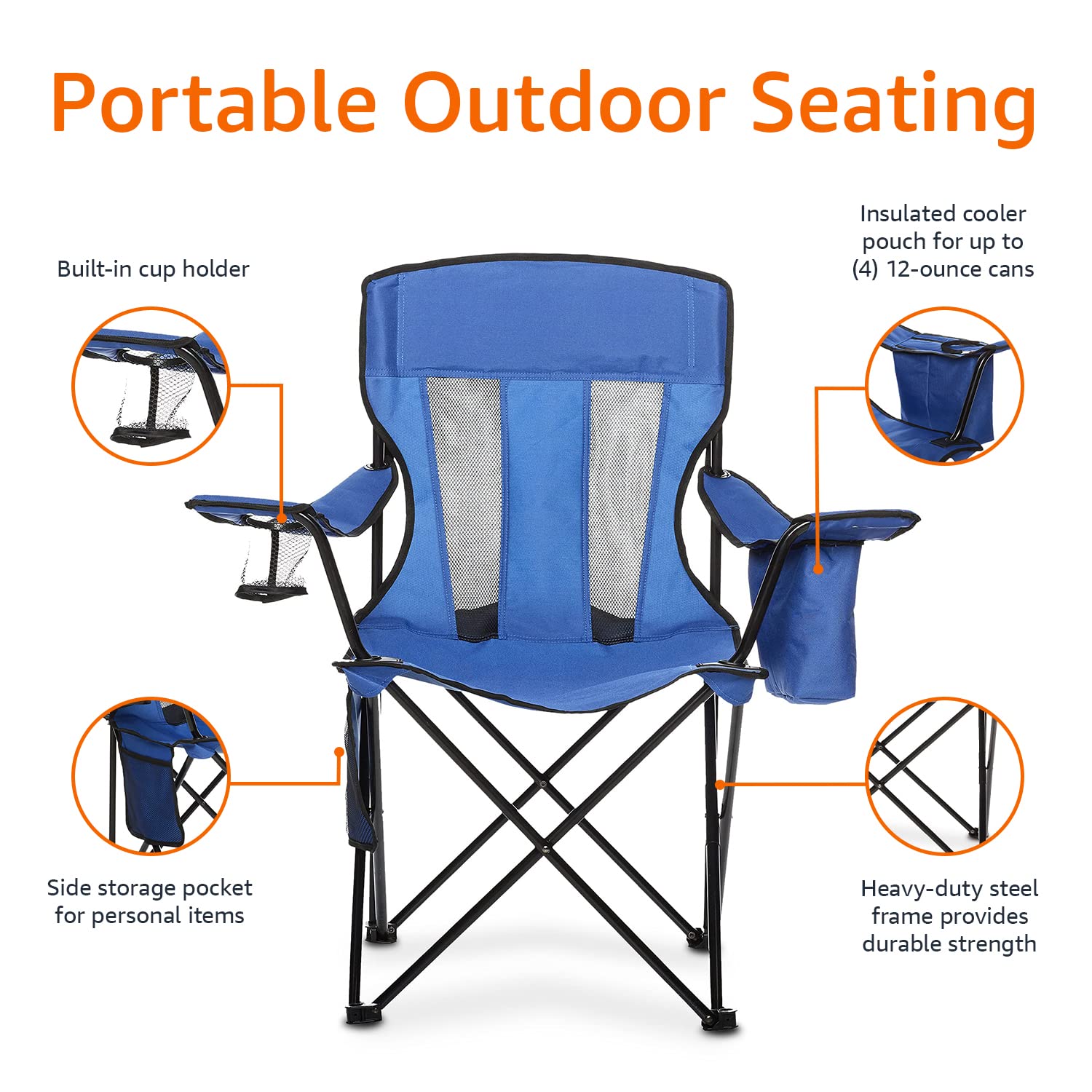 Amazon Basics Portable Folding Camping Chair with 4-Can Cooler, Side Pocket, Cup Holder, and Carry