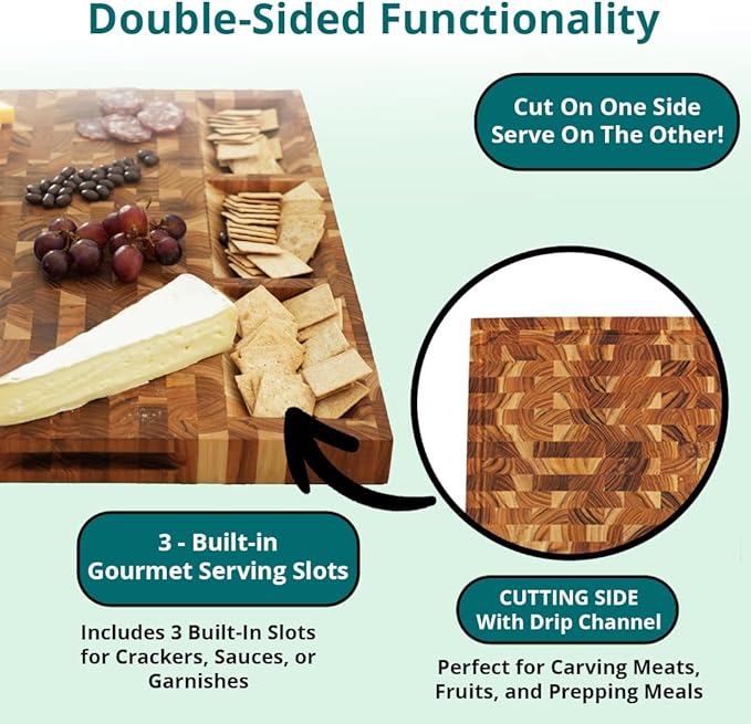 EcoDecors FSC Certified Solid Teak Cutting Board 20x15, Reversible End Grain Wood Board with 3 Charcuterie Trays for Kitchen, Cheese, Meat & Serving