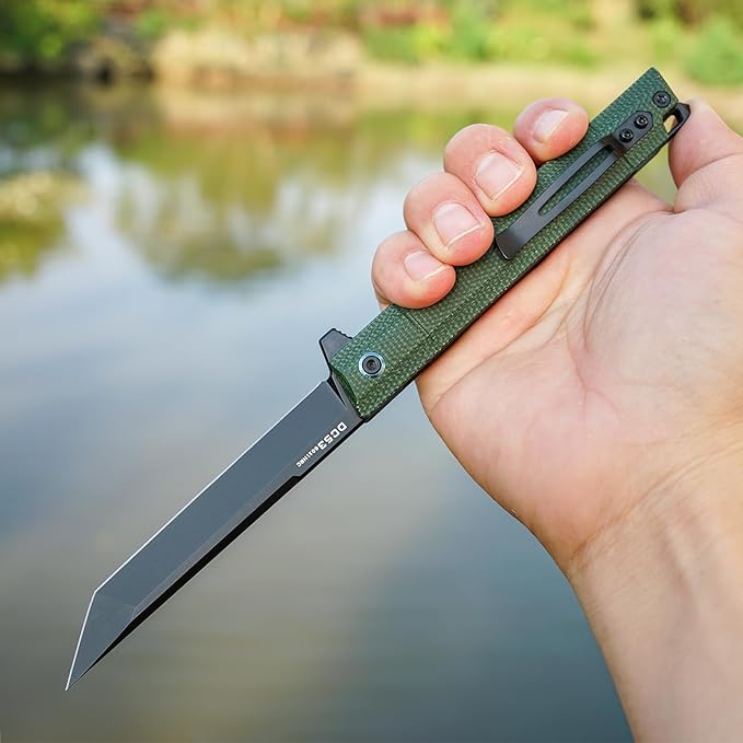 Flipper Pocket Folding Knife,DC53 Steel Blade and G10 Handle. With pocket clip and glass breaker,men's pocket knife hiking trip EDC tool Knife (Green Micarta Handle)