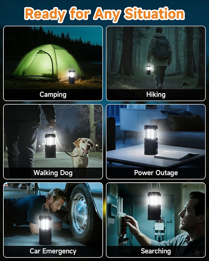 Solar Camping Lantern 4 Pack, Rechargeable LED Lantern with Flashlight, USB-C & Solar Powered, Collapsible Emergency Lights for Hurricane, Power Outages, Outdoor Use