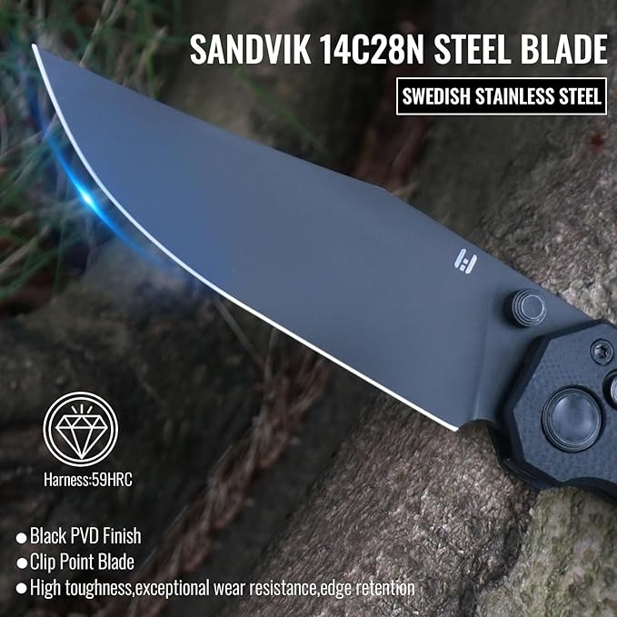 Pathwright Folding Knife, 3.54" Swedish 14C28N Blade G10 Handle with Crossbar Lock Pocket Knife with Pocket Clip for Camping Survival Hiking EDC Knives for Men Women Black