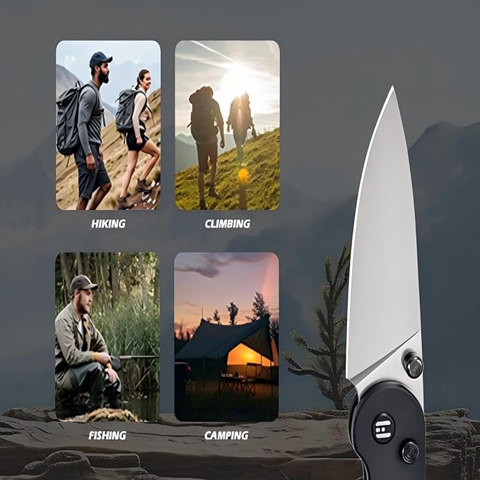 Hightron Birdidi Folding Knife, 2.91" Drop-Point D2 Blade Aluminum Handle, Pocket Knife with Pocket Clip for Camping Survival Hiking Button Lock Knives for Men Women Black-W