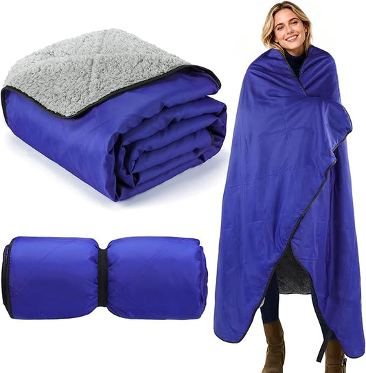 Waterproof Outdoor Stadium Blanket with Sherpa Lining-Washable Windproof Warm Foldable for Camping, Sporting Events, Picnic, Concerts, Pet, Travel, Emergency Car Blanket, Gift for Cold Weather (Blue)
