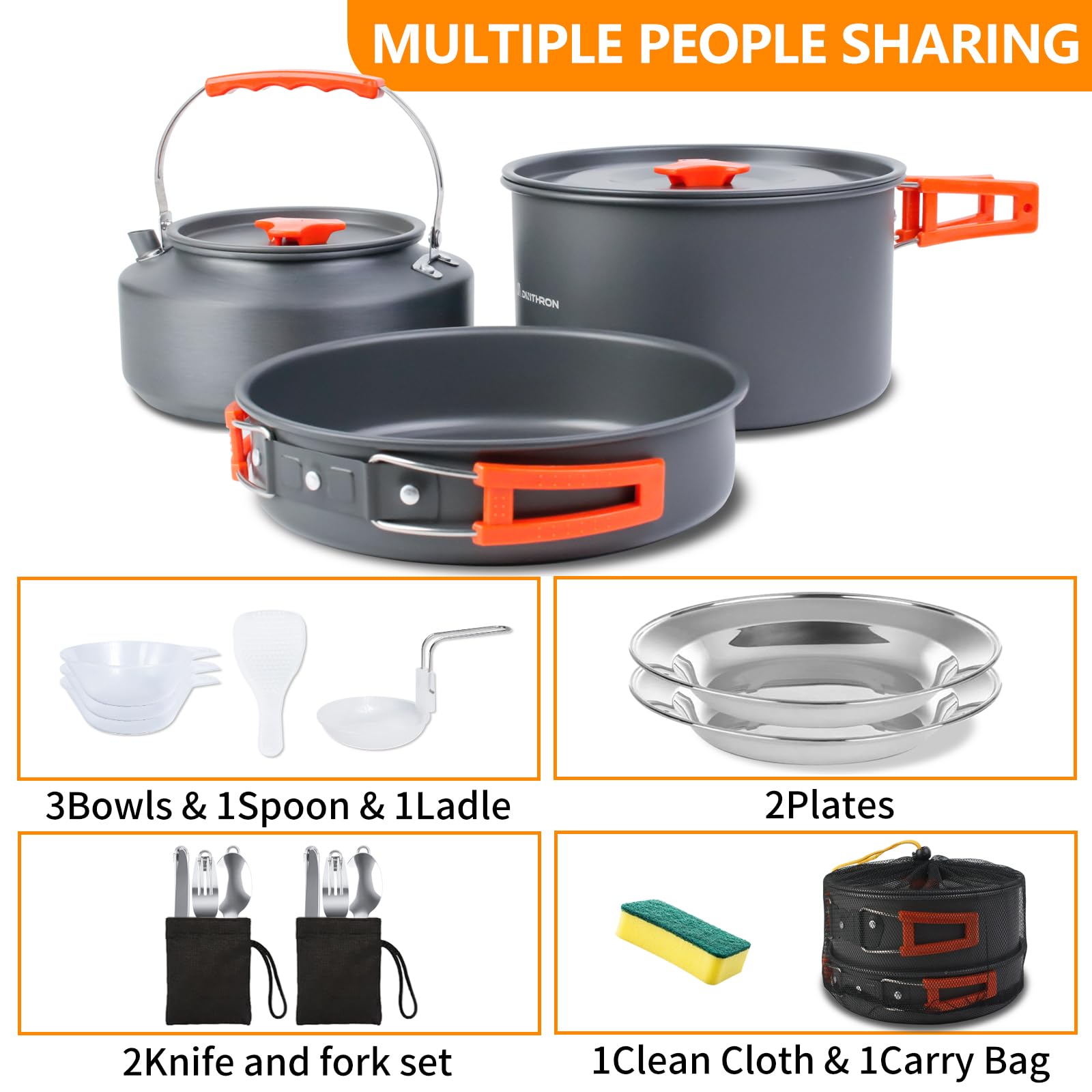 DINITHRON 18-Piece Large Capacity Camping Cookware Set Aluminum Mess Kit