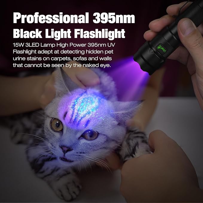 ULTRAFIRE 395nm UV Flashlight Rechargeable - 15W High Power Ultraviolet Blacklight for Pet Urine Detection,Resin Curing,Minerals,Blood Trail Tracking 502UVN PRO