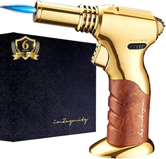 Dual Flame Butane Torch Gun – Refillable Handheld Mini Blow Torch for Cooking, Crème Brûlée, Welding, Soldering, Resin Art – Adjustable Flame & Ignition Lock–Limited Gold Brown by inZaynity