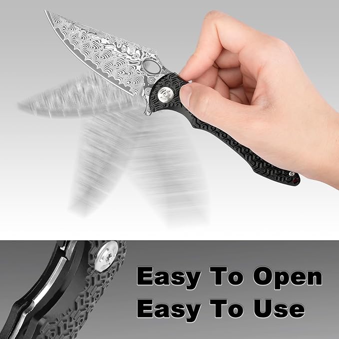 Pocket Knife for EDC Damascus Pocket Knife with Black Aluminum Handle 3.3" Damascus Blade Pocket knives & Folding Knives