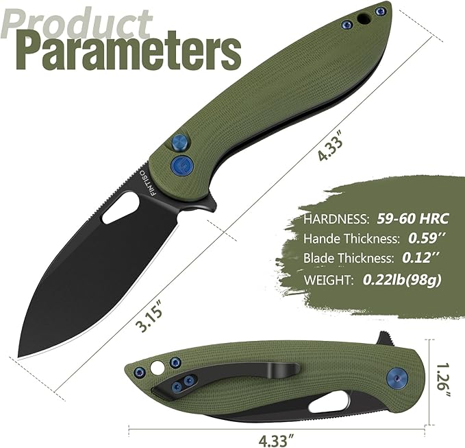 FINTISO Pocket Knife, 3.1" Premium 14C28N Blade Folding Knife with Button Lock, EDC Knife with G10 Handle for Camping, Hunting, Survival, Best Gift for Men Women